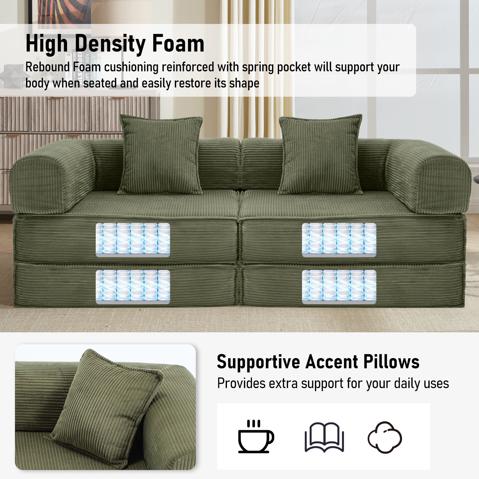 Convertible Sleeper Sofa Bed Modular Corduroy Couch With Pillows_voghion.com